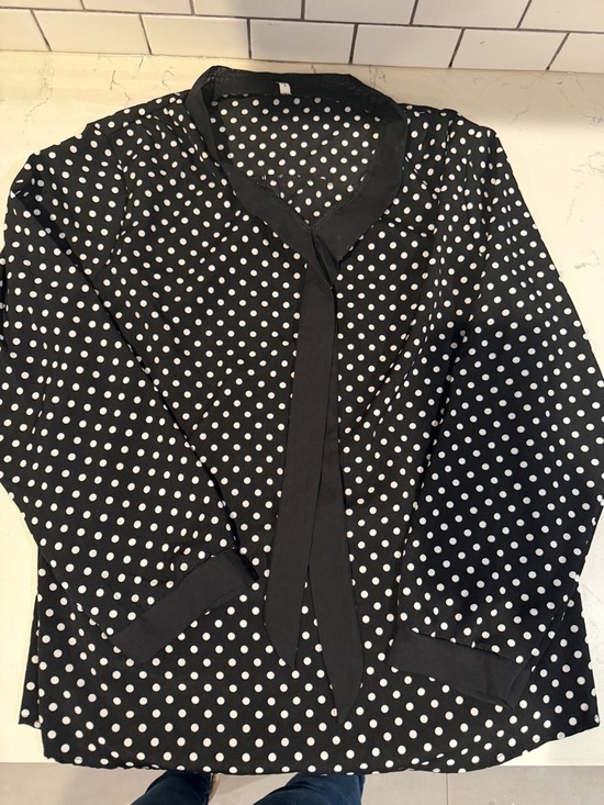 no brand Tops - Black & White Polka Dot Tie-Neck Blouse